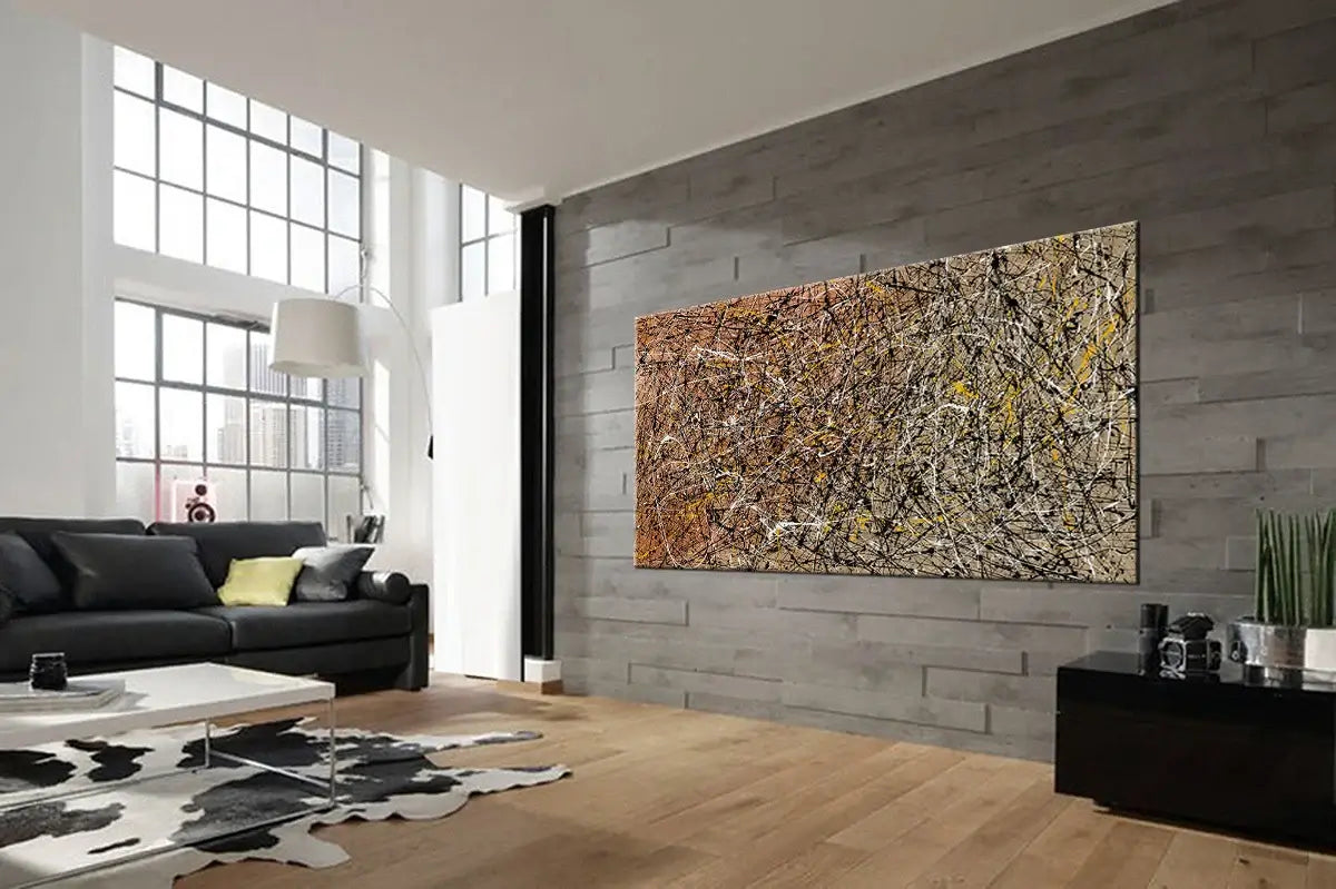 Abstract Angel Paintings in Jackson Pollock style hanging in a modern living room interior.