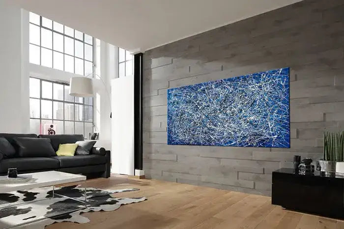 Abstract Angel Paintings in a modern living room, featuring vibrant blue colors and dynamic brushwork.