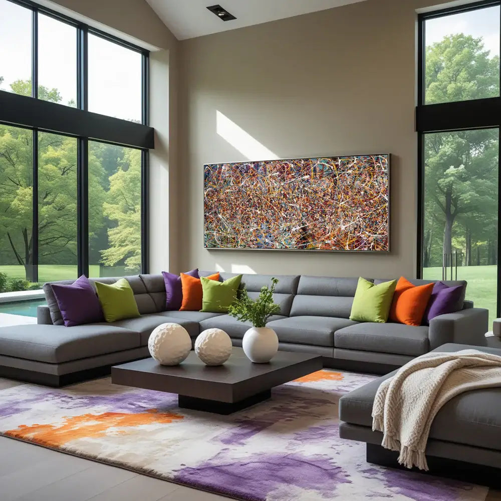 Minimalist Abstract Art displayed in a modern living room with a gray sectional sofa and colorful pillows.