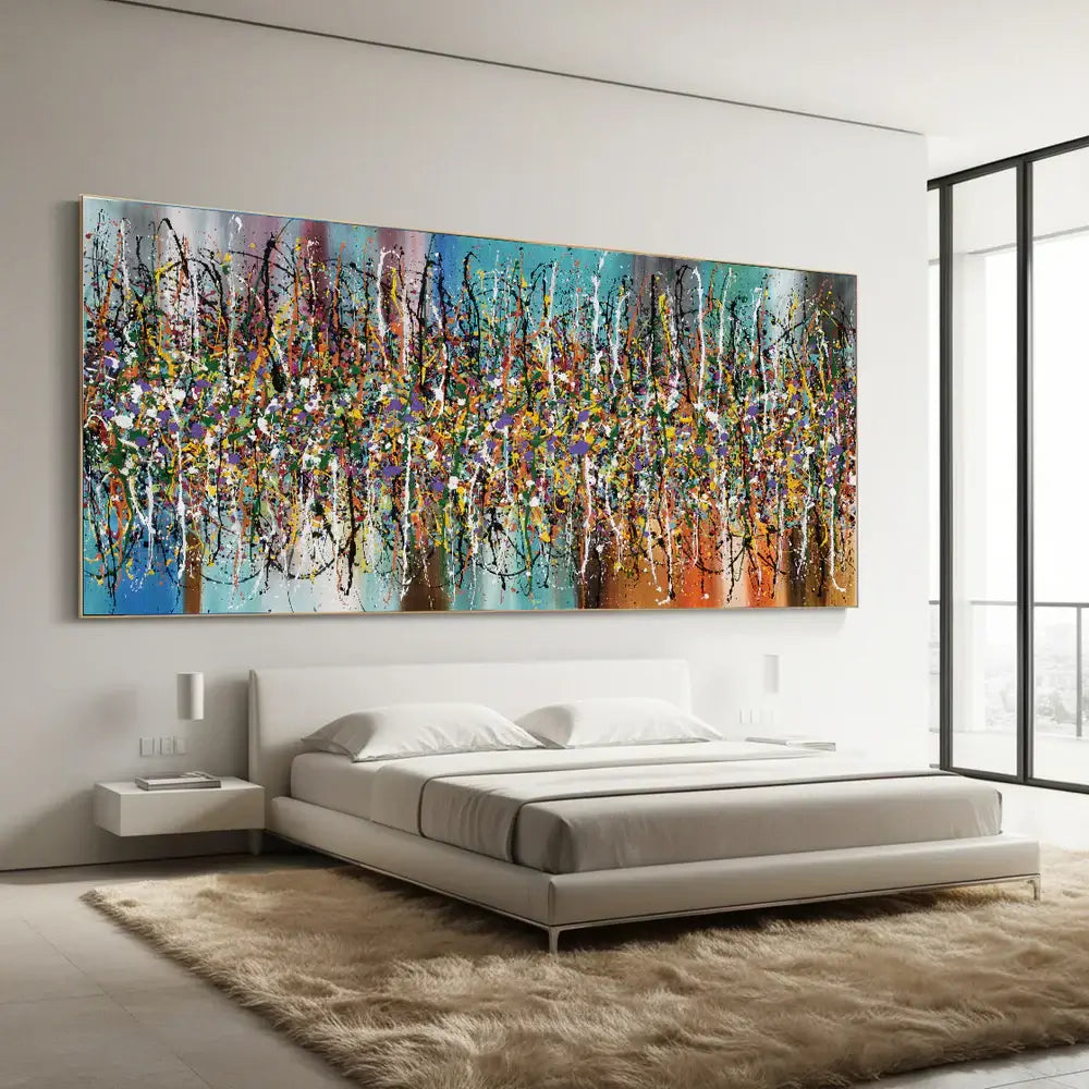 Contemporary Abstract Drip Painting displayed in a modern bedroom, showcasing bold colors and textures on a large canvas.