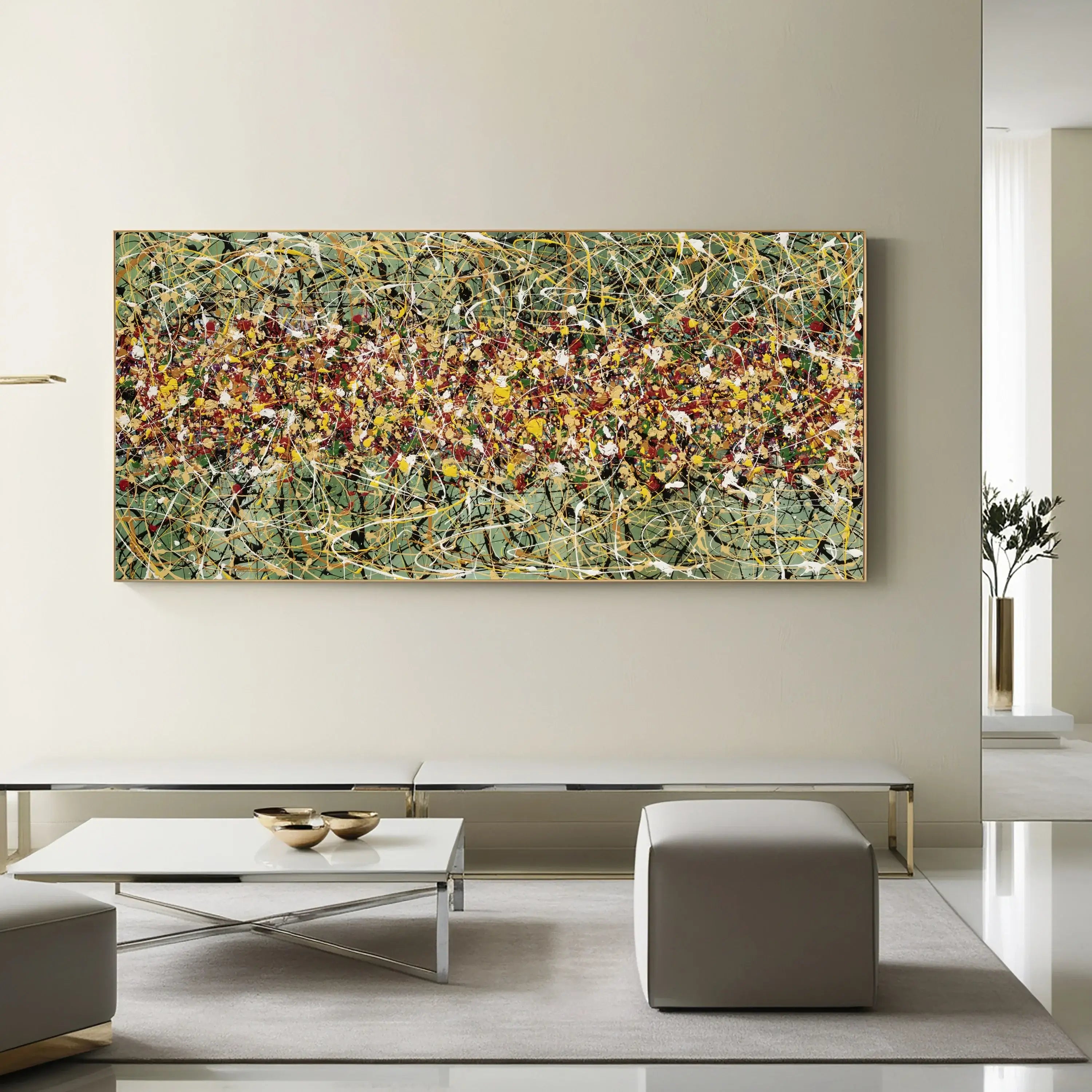 Jackson Pollock style wall art featuring vibrant colors and dynamic textures, perfect for modern living spaces.