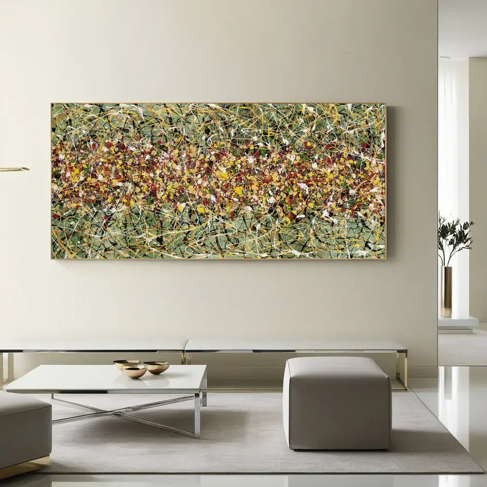 Original Pollock style artwork featuring vibrant colors and dynamic patterns in a modern living room setting.