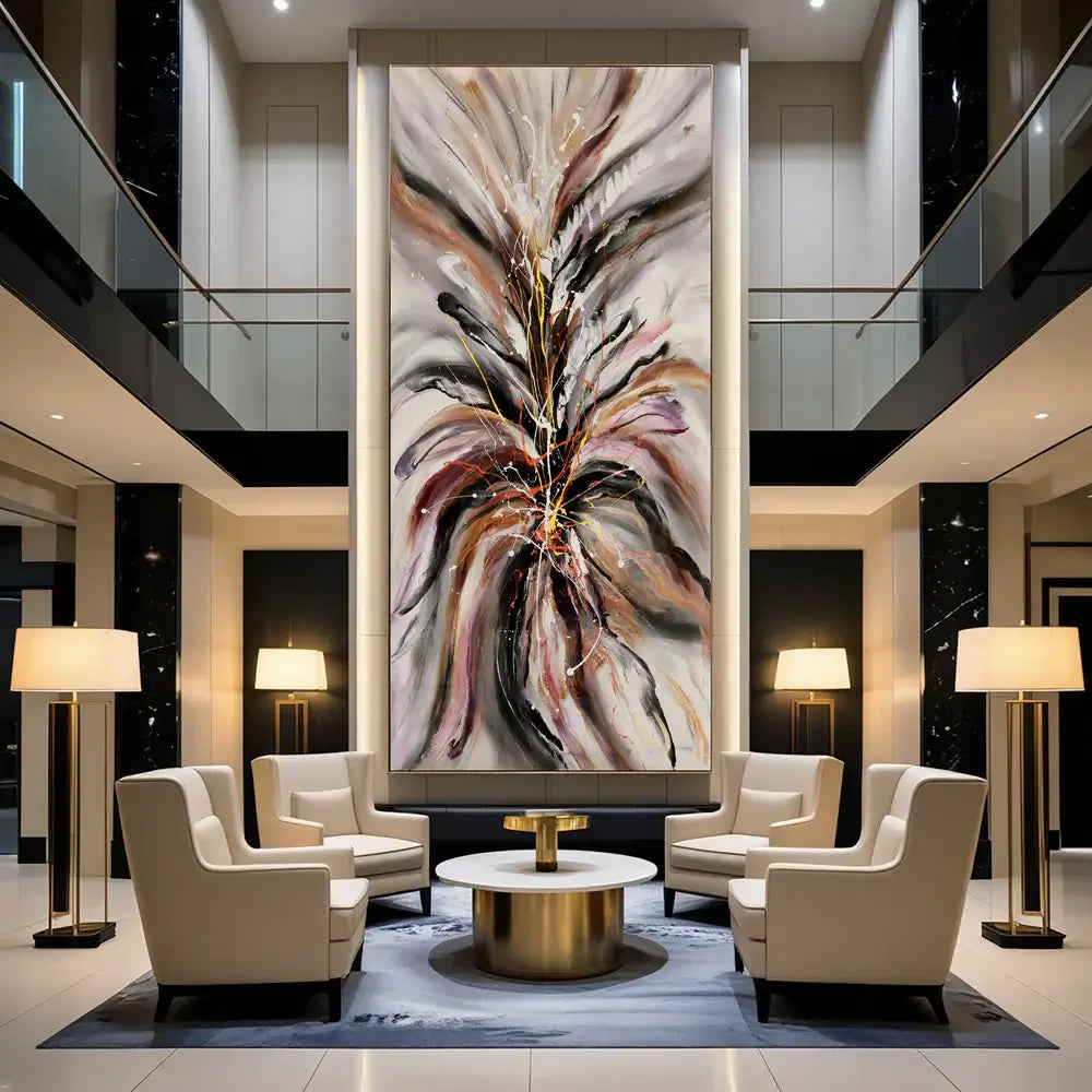 Contemporary Abstract Canvas artwork displayed in a stylish modern living area with elegant seating and lighting.
