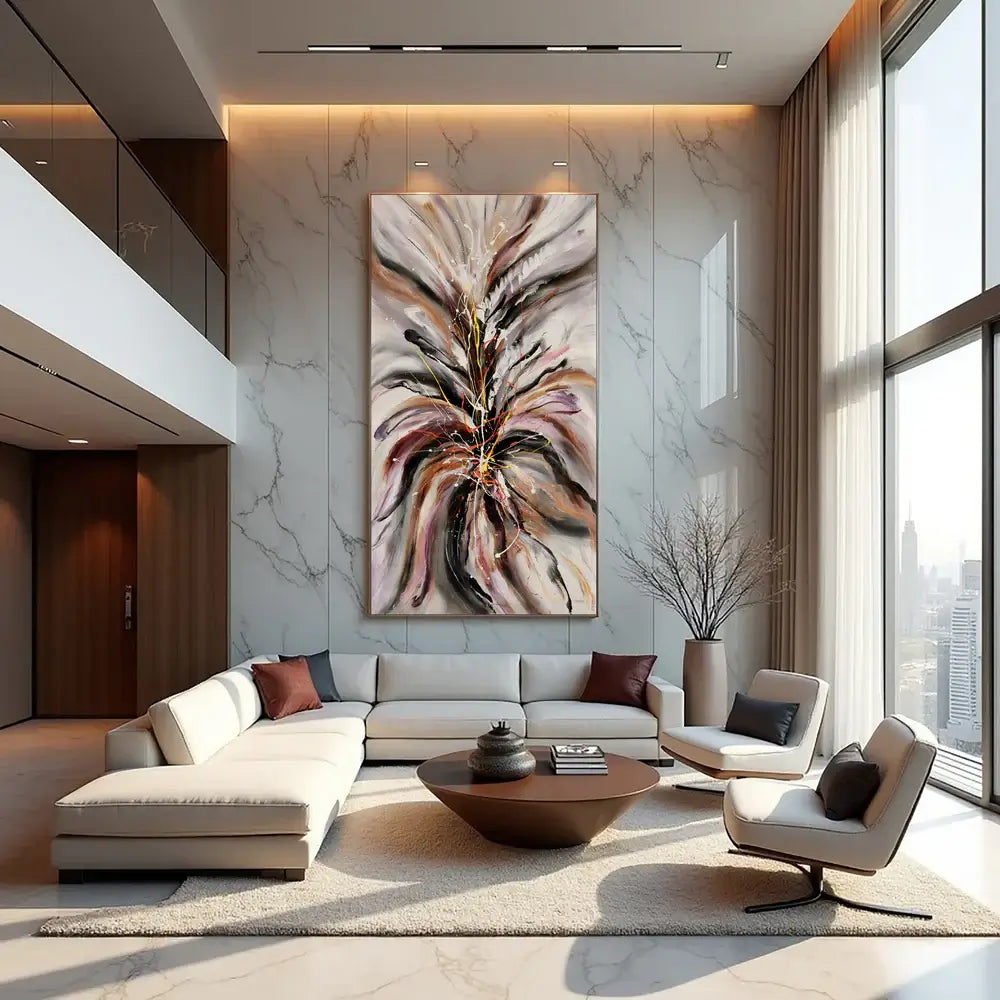 Contemporary Abstract Canvas artwork displayed in a modern living room with neutral tones and vibrant colors.