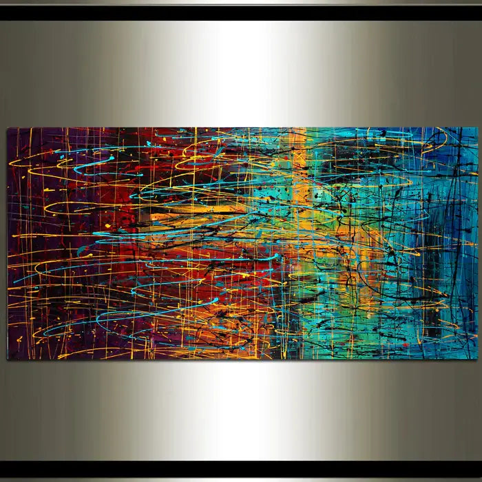 Jackson Pollock style drip painting on canvas featuring vibrant colors and dynamic textures.