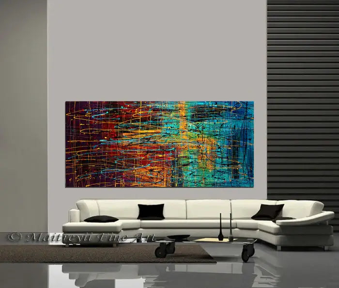 Jackson Pollock style drip painting on canvas displayed in a modern living room setting, showcasing vibrant colors and textures.