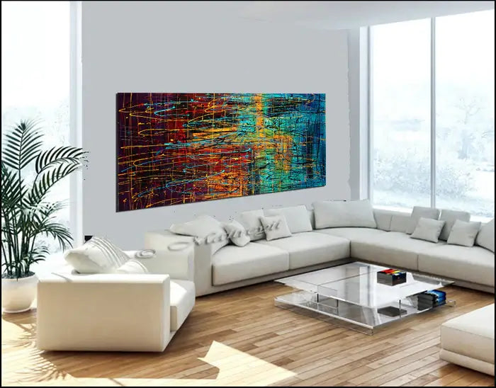 Jackson Pollock style drip painting on canvas displayed in a modern living room, showcasing vibrant colors and textures.