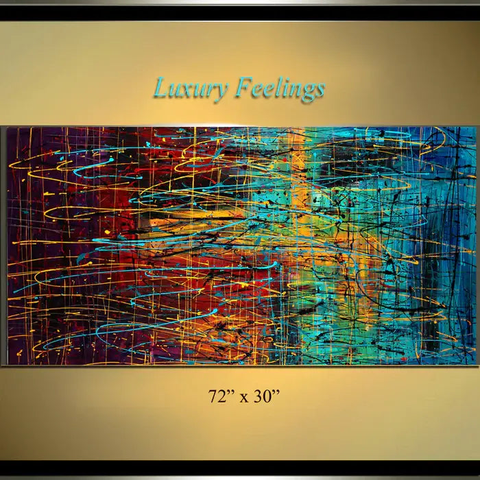 Jackson Pollock style drip painting on canvas named Luxury Feelings, showcasing vibrant colors and dynamic textures.