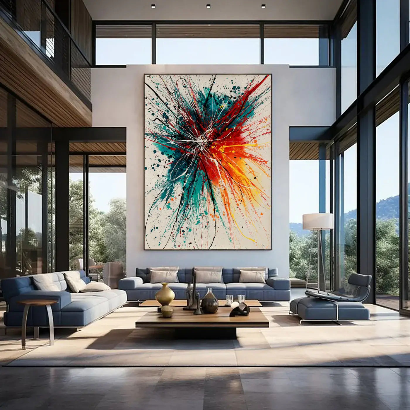 Dynamic Composition | Drip Painting Abstract Art in a modern living room showing vibrant colors and textures on canvas.
