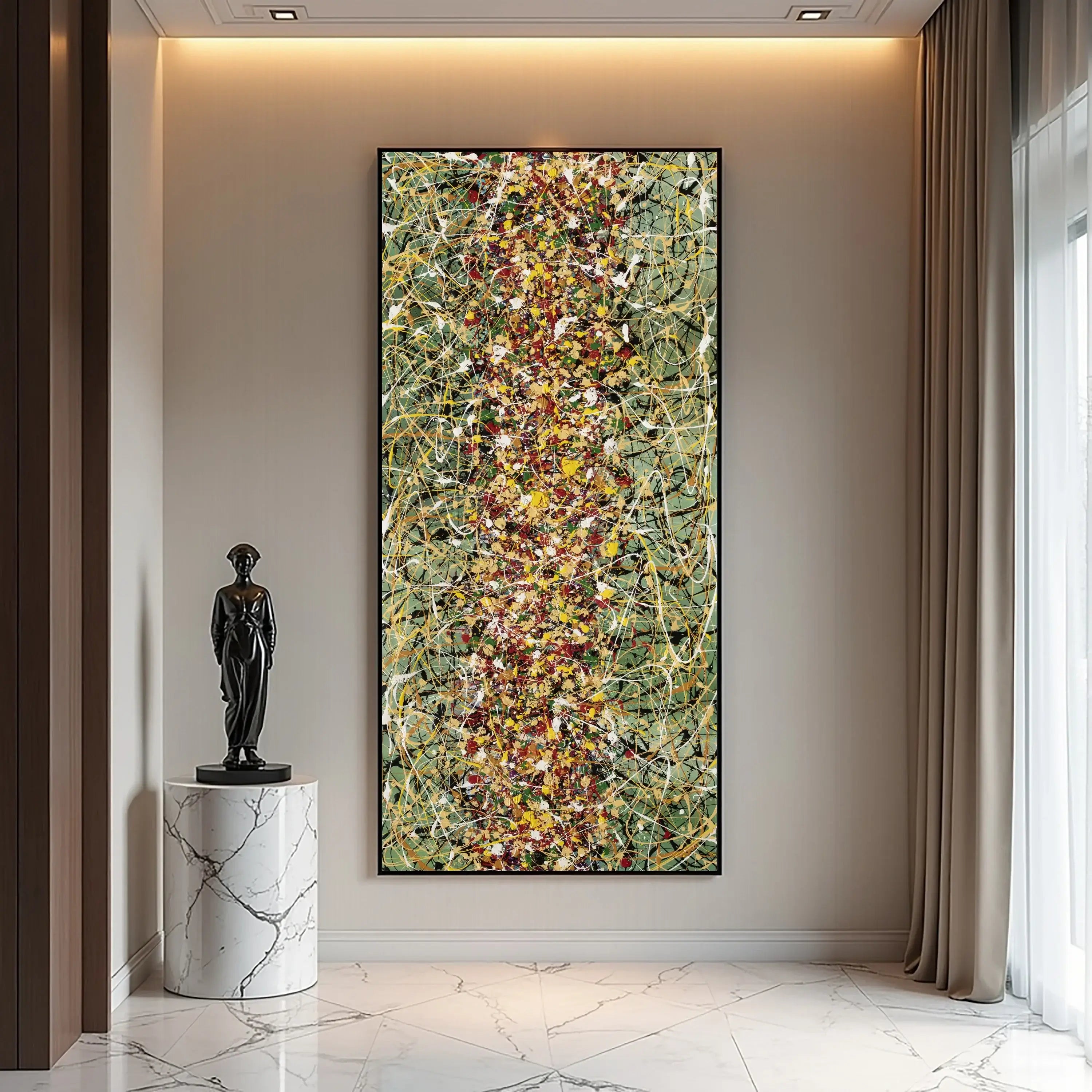 Jackson Pollock style wall art - Beauty of Bridge 20 displayed elegantly in modern interior with statue.