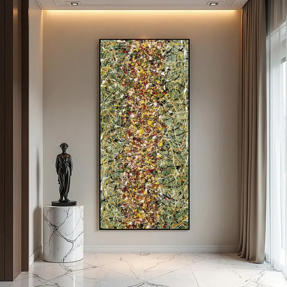 Original Pollock style artwork displayed in modern interior, showcasing vibrant colors and energetic abstract design.