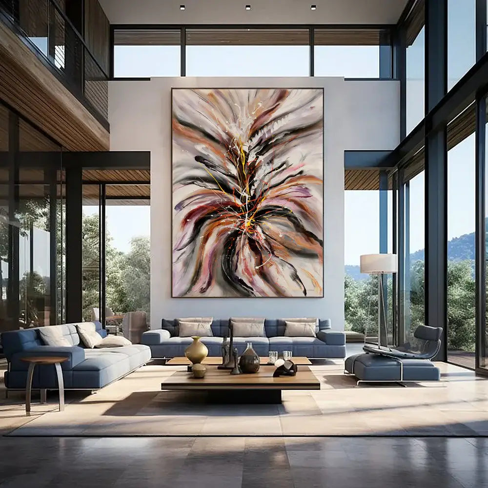 Contemporary Abstract Canvas artwork displayed in a modern living room with large windows and elegant furnishings.
