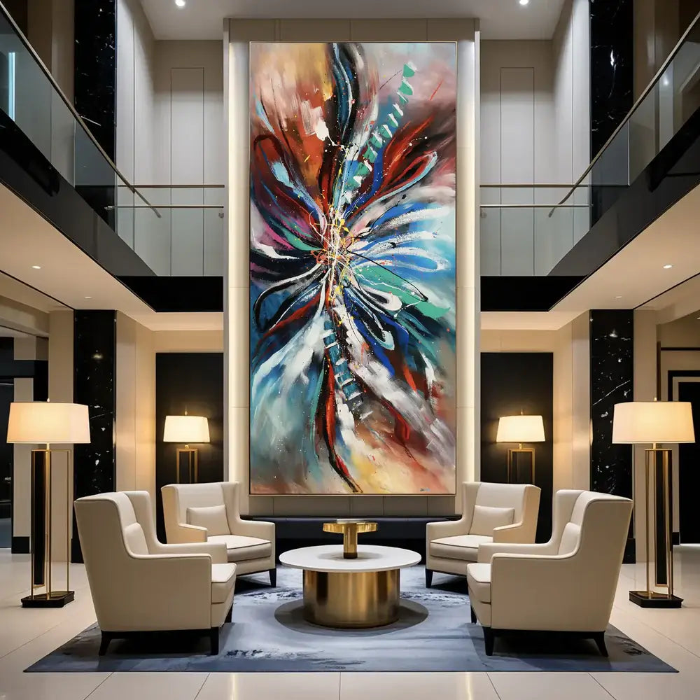 Large Modern Art Oil Painting showcased in a stylish lobby, featuring bold colors and contemporary design.