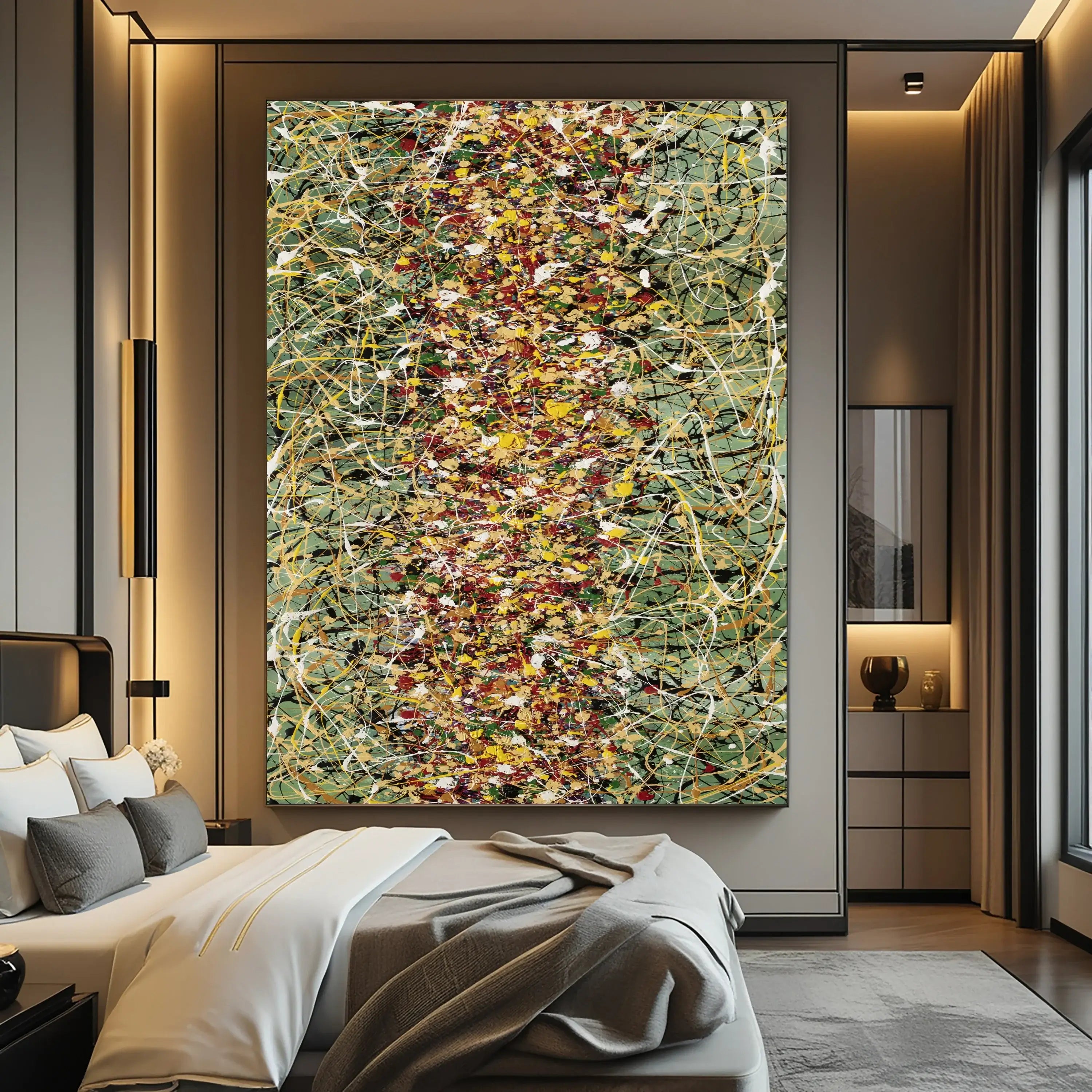 Jackson Pollock style wall art - Beauty of Bridge 20 - vibrant drip painting in modern bedroom decor.