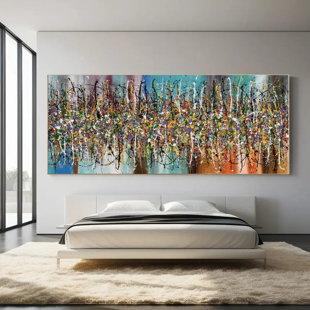 Contemporary Abstract Drip Painting displayed in modern bedroom, showcasing vibrant colors and textures in a striking canvas art piece.