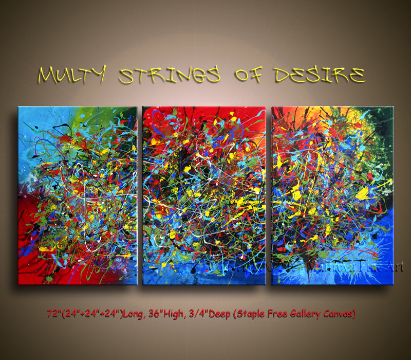 Large modern wall art for living room - Multi Strings of Desire, vibrant abstract triptych painting