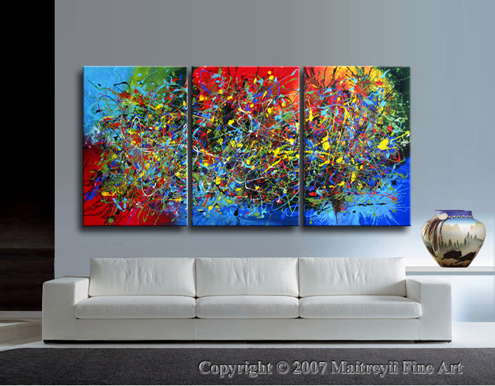 Large modern wall art for living room featuring vibrant colors and an abstract design on three panels.