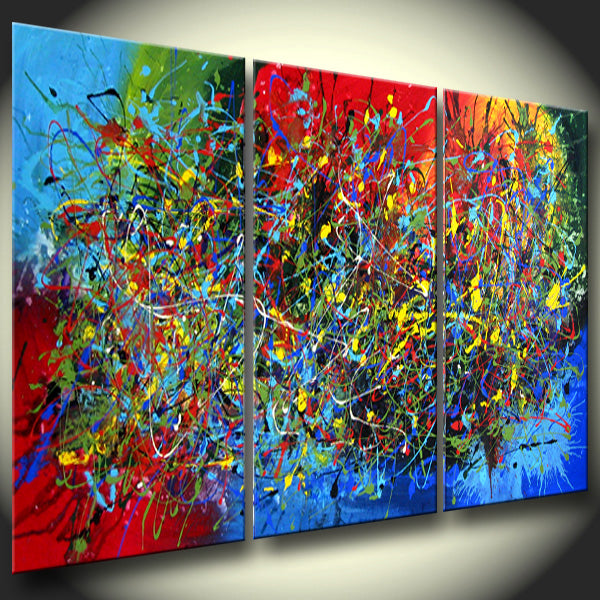 Large modern wall art for living room featuring vibrant colors and abstract design in a triptych format.