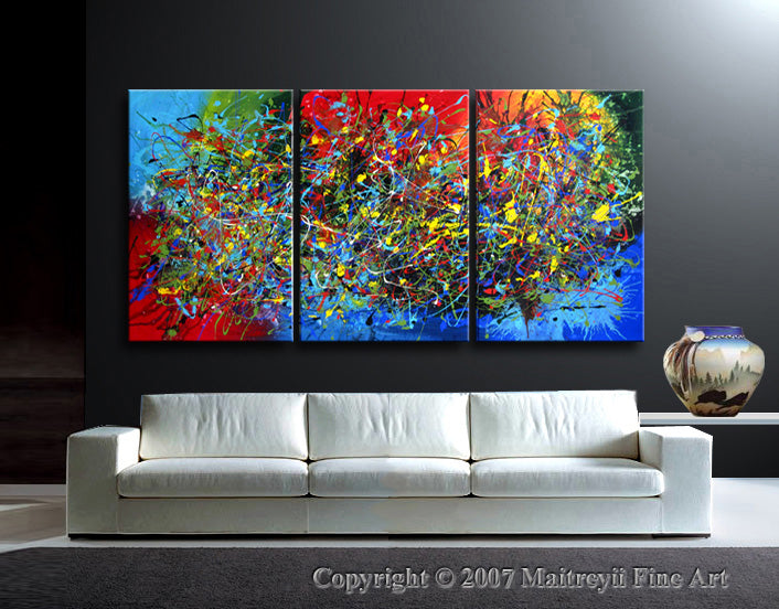 Large modern wall art for living room featuring vibrant colors and abstract design on three panels.