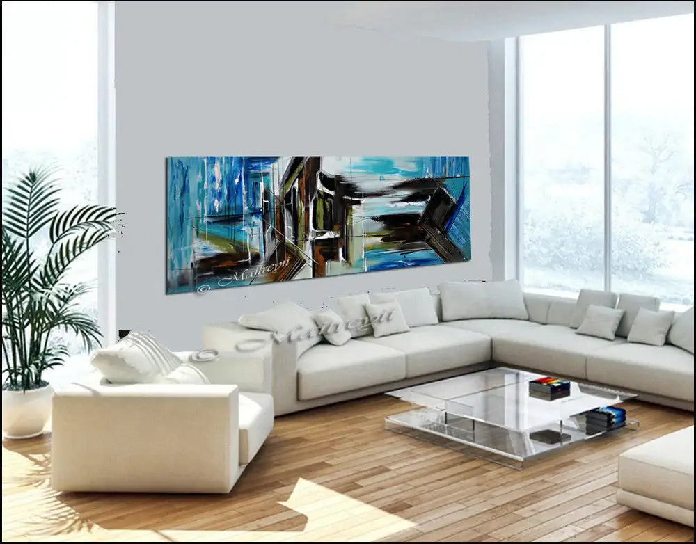 Large Abstract Blue Painting displayed in modern living room with large windows and stylish furniture.