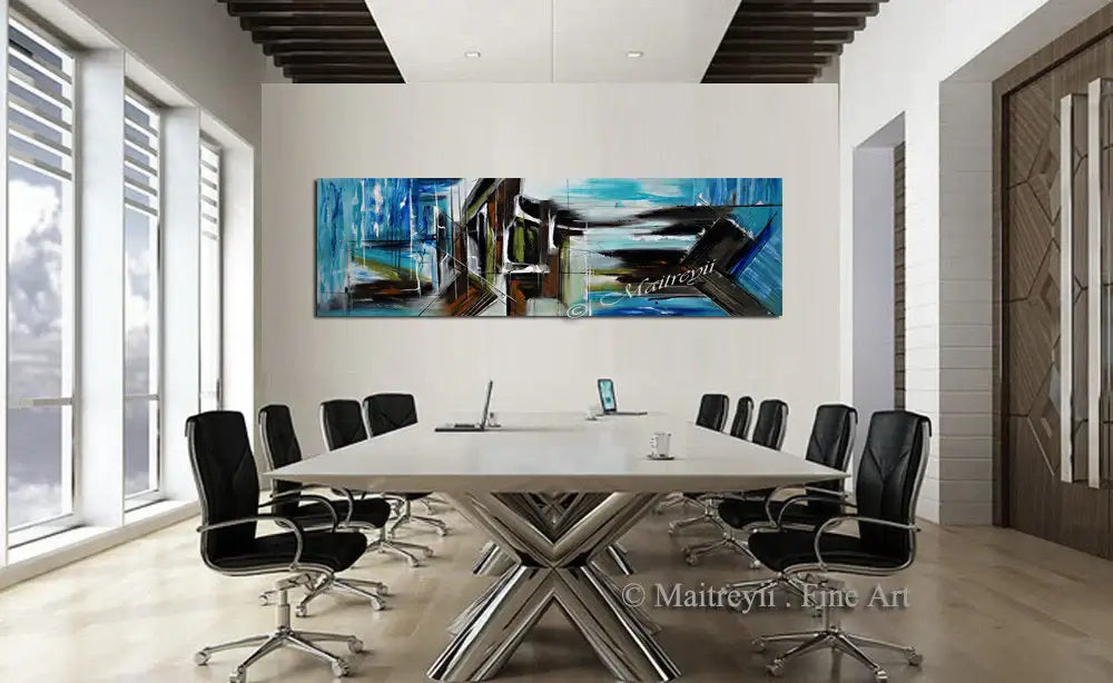 Large Abstract Blue Painting displayed in a modern conference room with a sleek design.