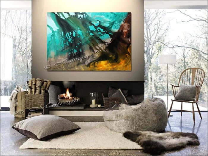 Modern Wall Art Decor featuring an ocean abstract painting by Maitreyii in a stylish living room.