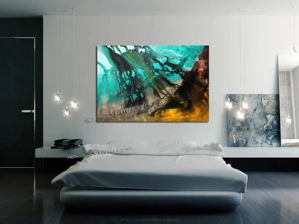 Modern Wall Art Decor featuring a vibrant ocean abstract painting by Maitreyii, enhancing the room's decor.