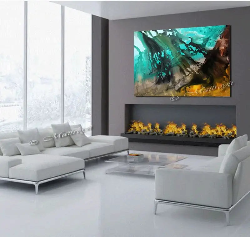 Modern Wall Art Decor showcasing an ocean abstract painting by Maitreyii in a stylish living room setting.