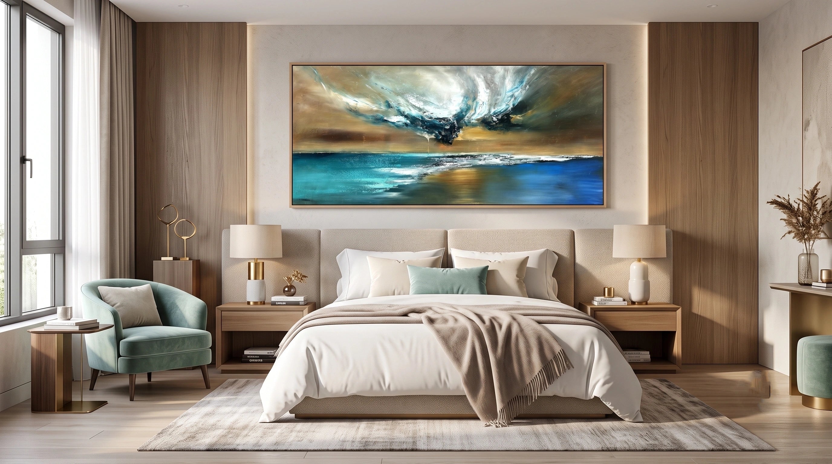 A large rectangular abstract wall art piece hangs above a neatly made bed in a modern bedroom. The artwork depicts swirling blue, teal, white, and warm brown tones, while the room itself features wood paneling, bedside tables, lamps, a chair, and a rug.