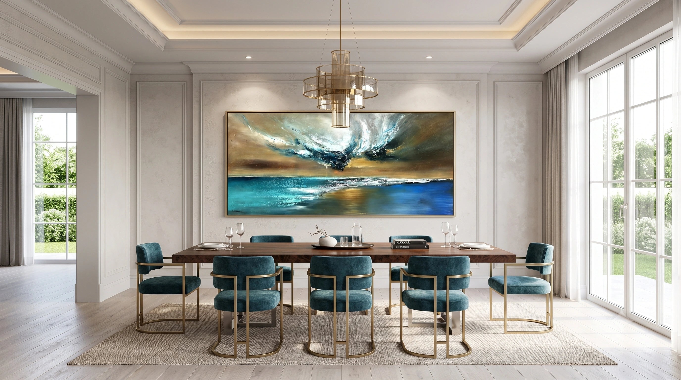 A large rectangular wall art piece depicting a dramatic stormy seascape with dark blue, teal, gold, and brown tones, displayed in a modern dining room above a wooden table and teal chairs.