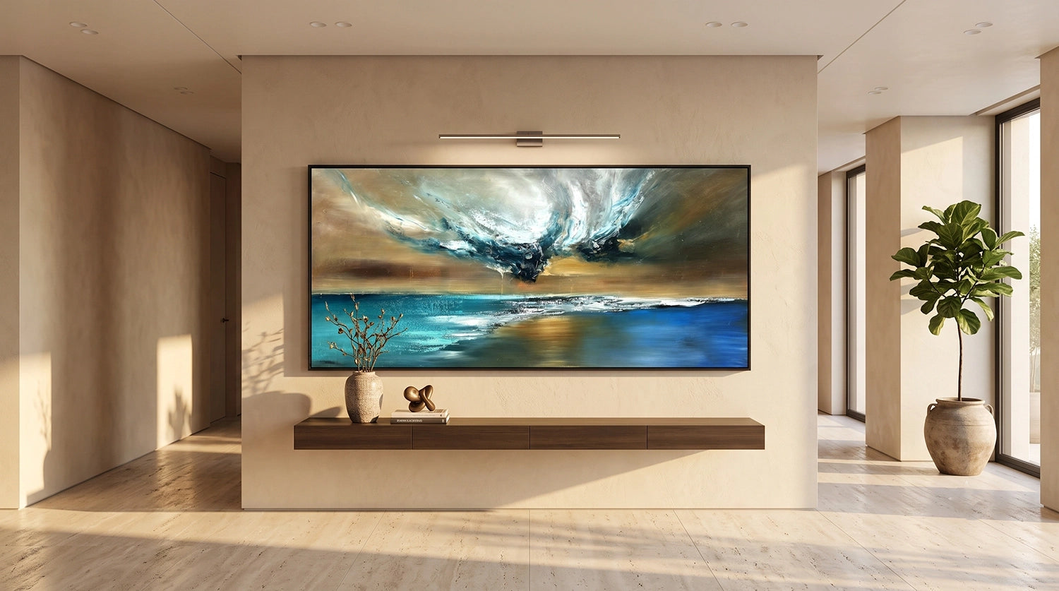 A large framed abstract landscape painting hangs on a beige wall in a modern minimalist living room. The artwork depicts dramatic stormy clouds over a blue ocean, with warm golden light near the horizon.