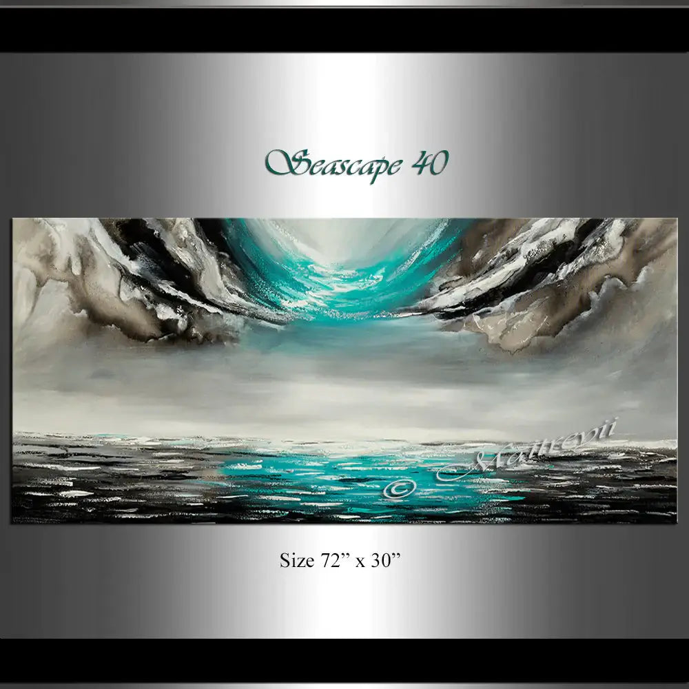 Large Ocean Art Teal Turquoise Paintings by Maitreyii featuring serene seascape in teal and turquoise colors.