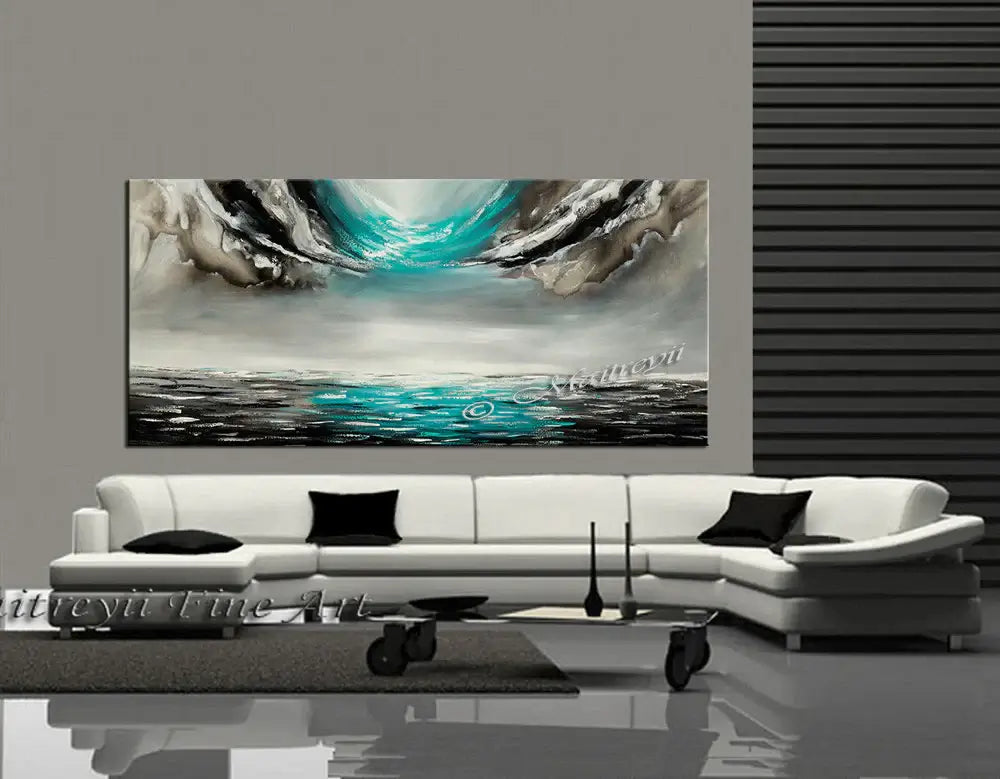 Large Ocean Art Teal Turquoise Paintings in modern living room decor with a stylish sectional sofa.