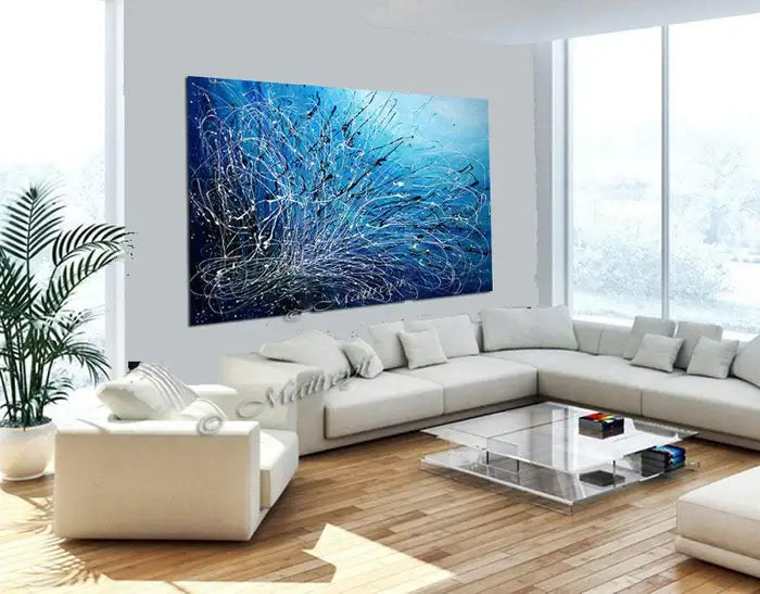 Blue Modern Art For Luxury Homes displayed in a stylish living room with elegant furniture.