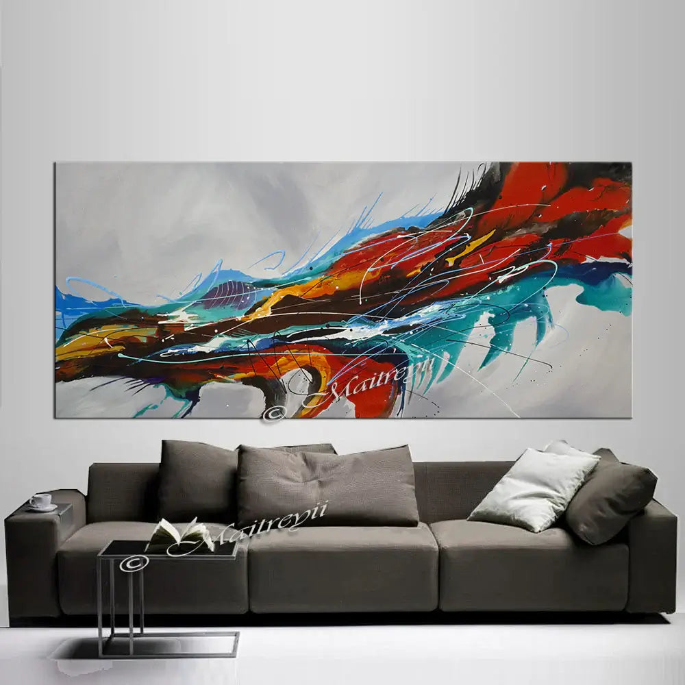 Large Ocean Art Oil Painting displayed above a modern sofa in a stylish interior setting.