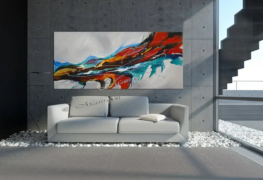 Large Ocean Art Oil Painting displayed above a modern gray sofa in a stylish, contemporary interior.