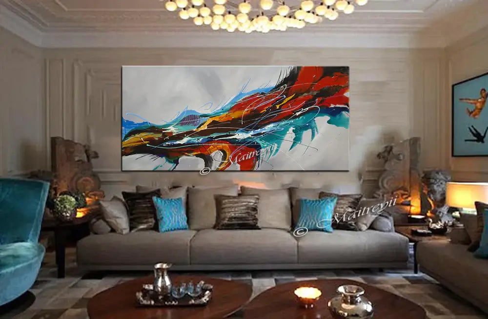 Large Ocean Art Oil Painting displayed elegantly in a modern living room setting with stylish furnishings.