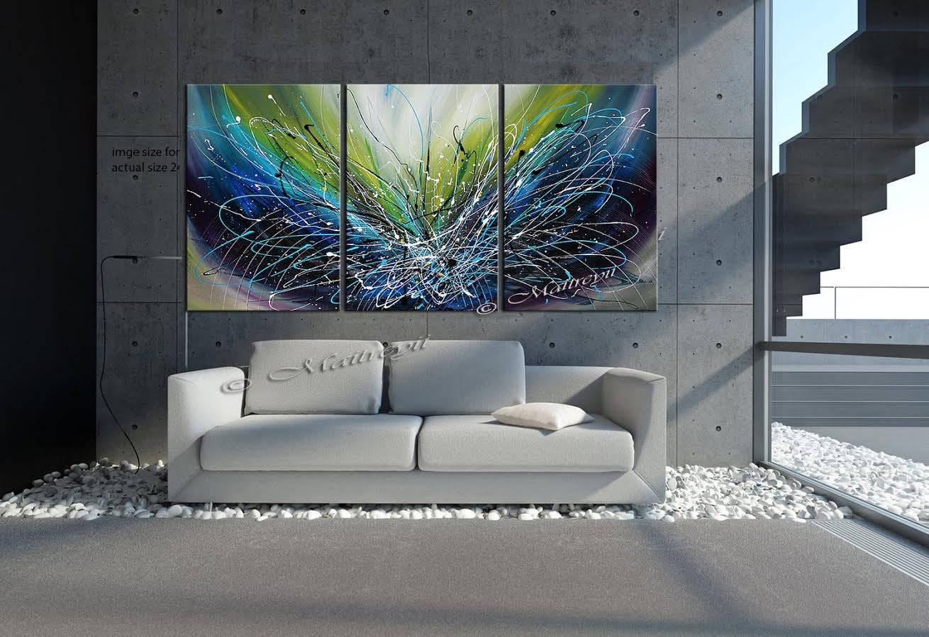 Alt Tag: wall art Jackson Pollock style Ocean Sparkle abstract acrylic painting on canvas triptych in modern living room