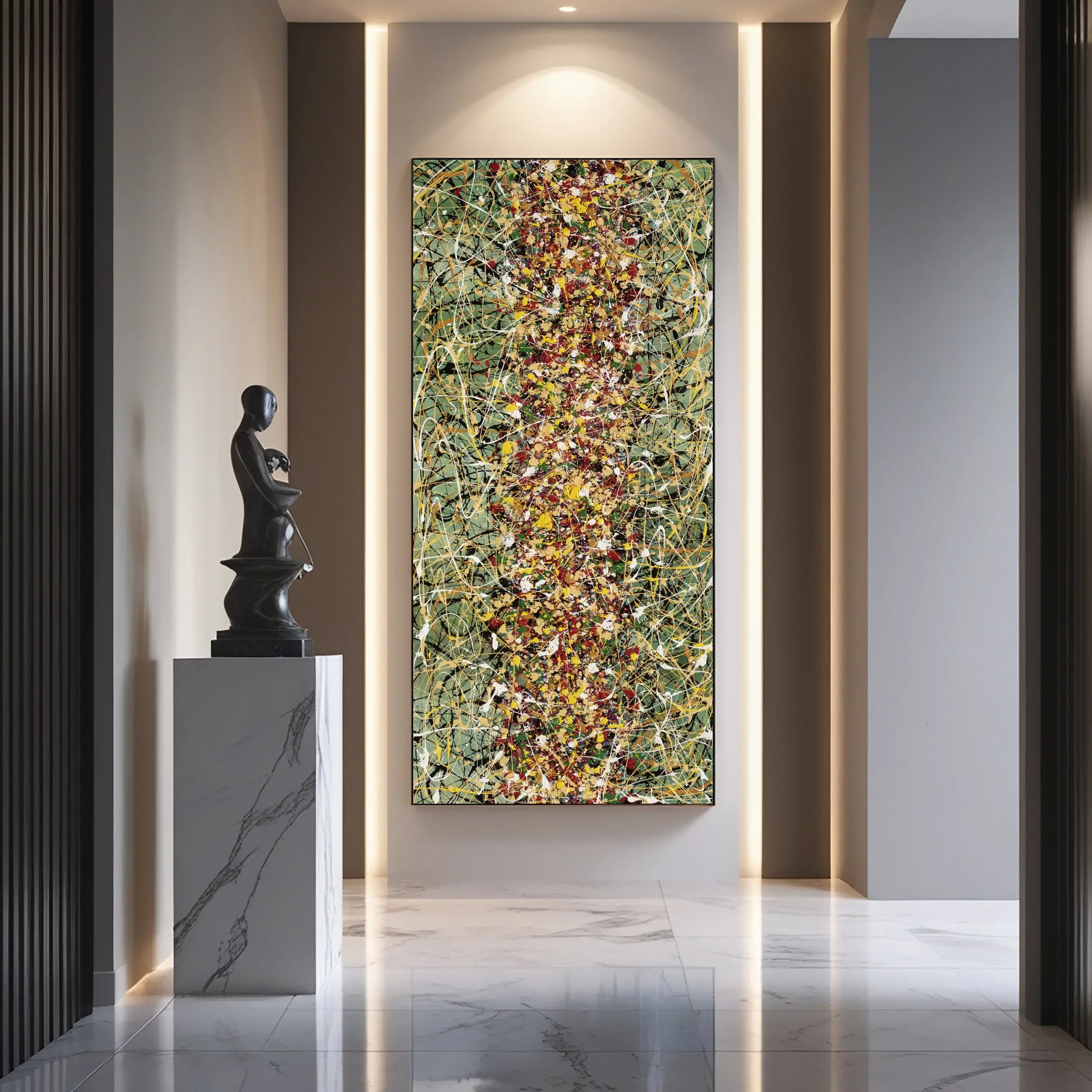 Jackson Pollock style wall art – Beauty of Bridge 20 canvas in modern hallway with sculpture.