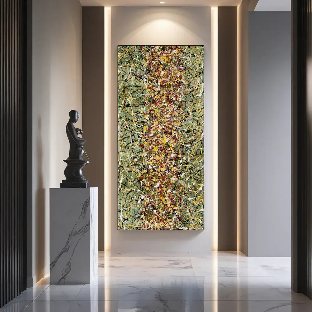 Original Pollock style artwork displayed in a modern hallway, showcasing vibrant colors and abstract design.