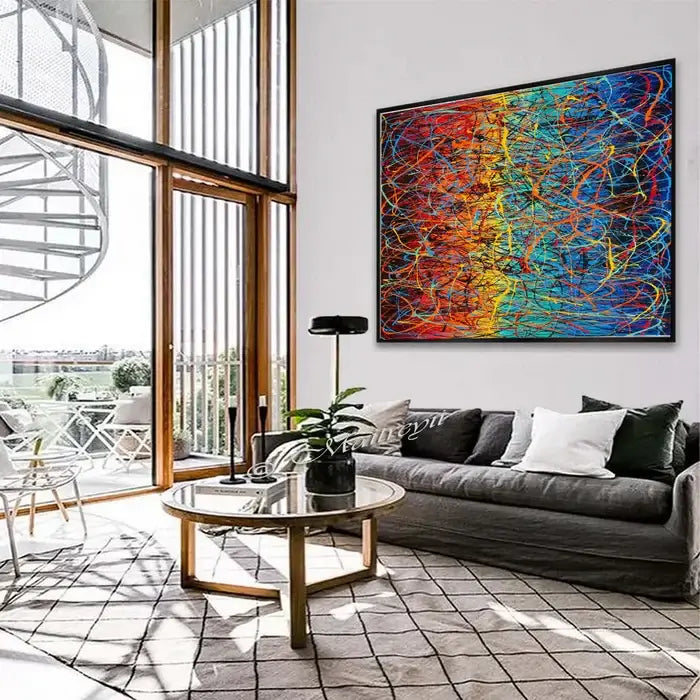 Luxury art for living room featuring vibrant abstract painting on canvas in a modern living space.