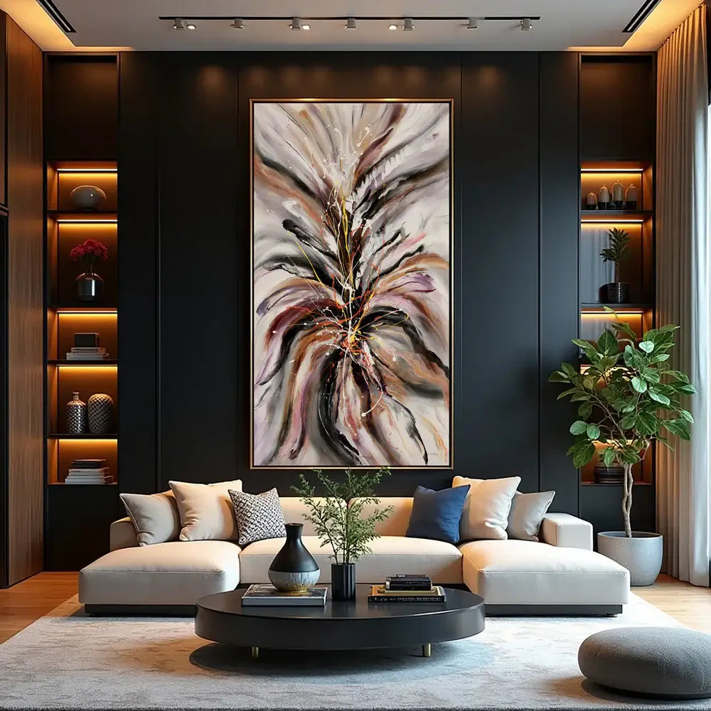 Contemporary Abstract Canvas artwork in modern living room, hand-painted with bold colors and dynamic textures.