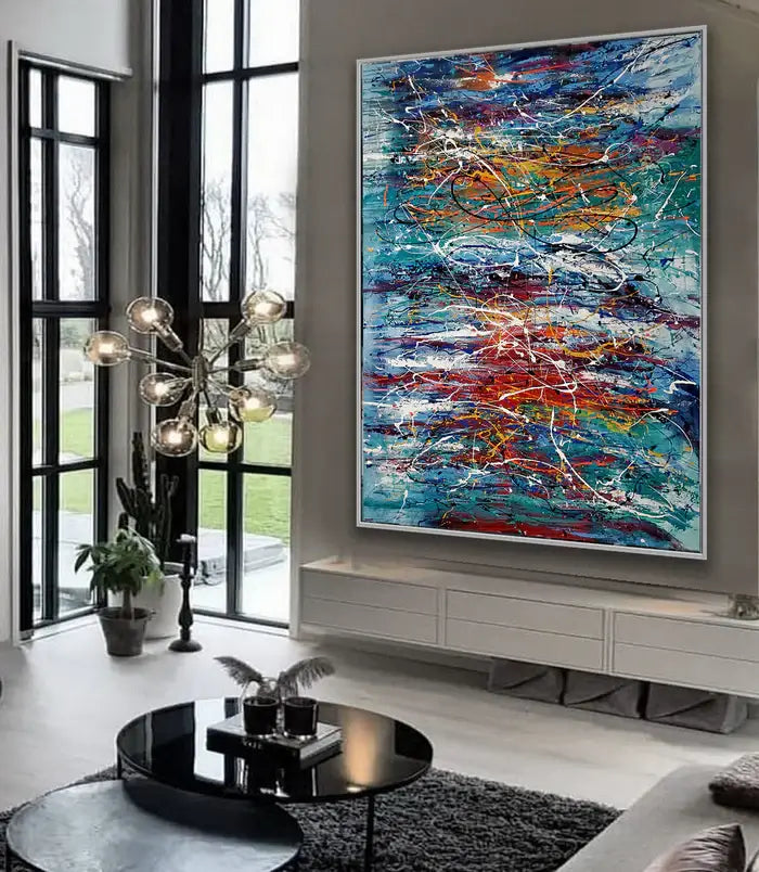 Abstract Angel Paintings displayed in a modern living room, showcasing vibrant colors and dynamic brushwork.