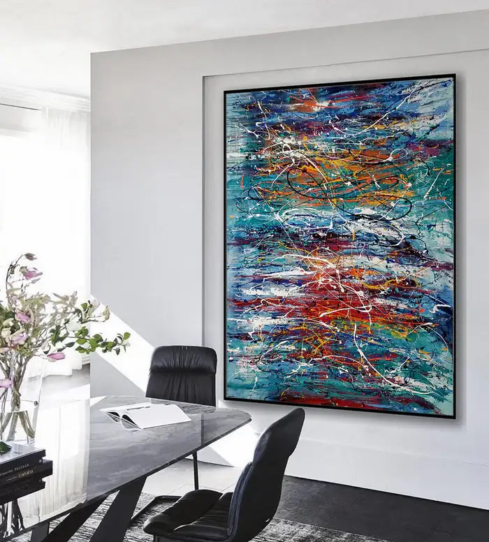 Abstract Angel Paintings displayed in a modern home office, showcasing vibrant colors and unique textures.