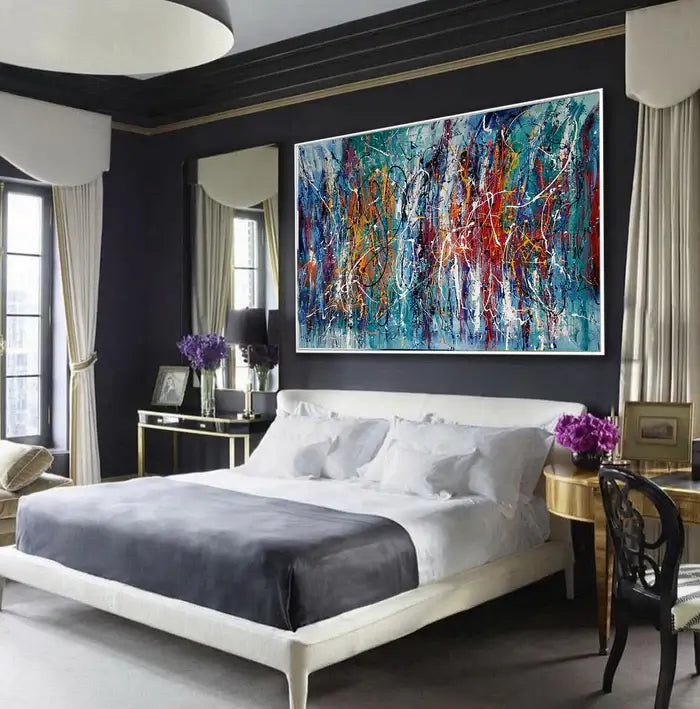 Abstract Angel Paintings displayed in a modern bedroom, adding serenity and color to the serene decor.