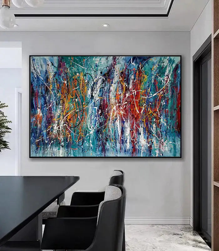 Abstract Angel Paintings displayed in a modern dining room, showcasing vibrant colors and abstract design.