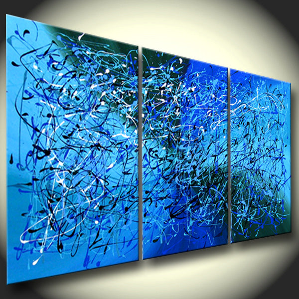 Abstract Canvas Wall Art – Extra Large Modern Painting with swirling blue and black designs on three panels