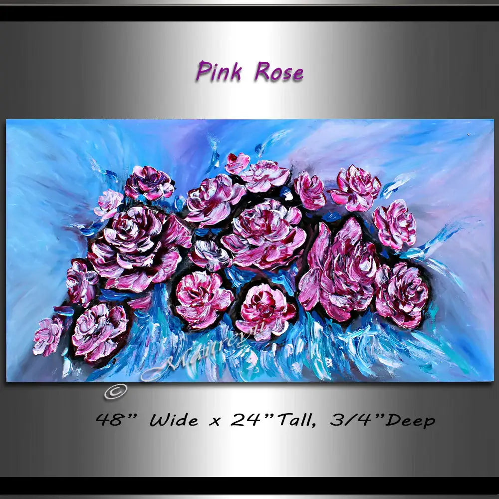 Flowers Painting of pink roses on a vibrant blue background, showcasing handmade floral canvas art.
