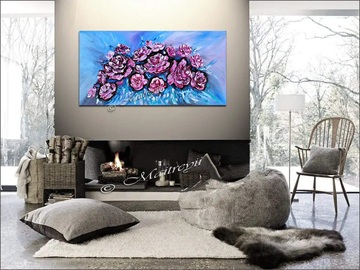 Flowers Painting featuring pink roses, handmade floral canvas art in a modern living room setting.