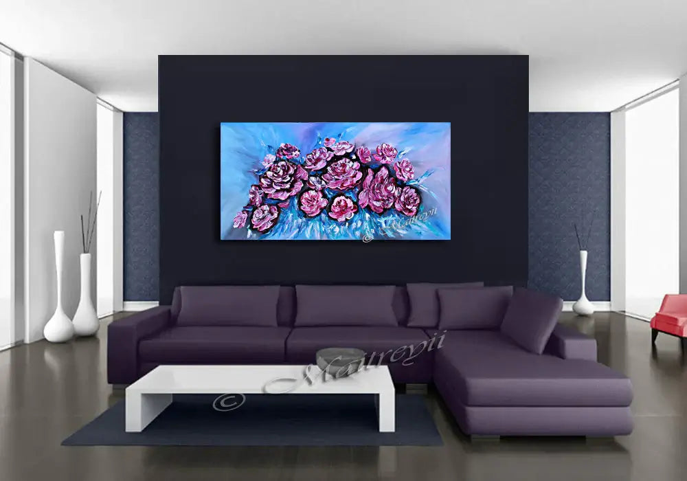 Flowers Painting featuring pink roses on canvas in a modern living room setting with elegant decor.